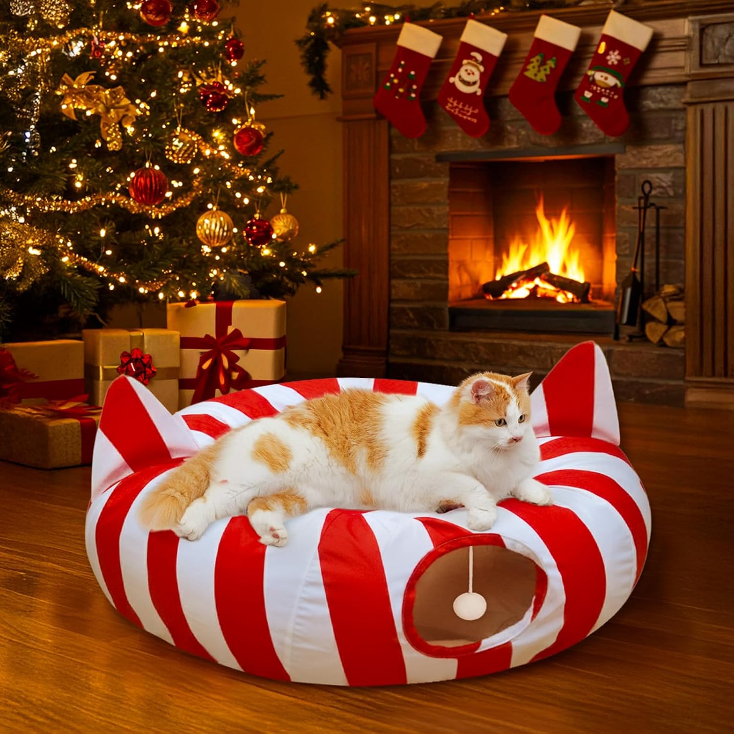 Cat Tunnel Bed with Christmas Tree Skirt, Cat Beds for Indoor Cats Tunnels with Toy Ball, Red and White Christmas Decorations Donut Tunnels for Cat Supplies Small Large Cats and Small Animals